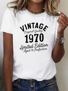 Camiseta de algodón para mujer edición limitada vintage de 1970 - Camiseta gráfica retro envejecida a la perfección, de ajuste regular, de manga corta, cuello redondo, casual, lavado a mano, camisetas de algodón, ropa de comodidad diaria, cuello de tripulación clásico, tela cómoda - Blanco - Ver 1
