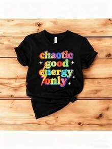 1 Pieza de Ropa para Mujer, Camiseta con Estampado de Arcoíris "Chaos Good Energy Only This No Other", Estilo Casual Deportivo, Cuello Redondo, Uso Diario, Ropa de Invierno para Mujeres Jóvenes, Regalo de Navidad, Ropa de Otoño, Camiseta para Mujer - Negro - Ver 8