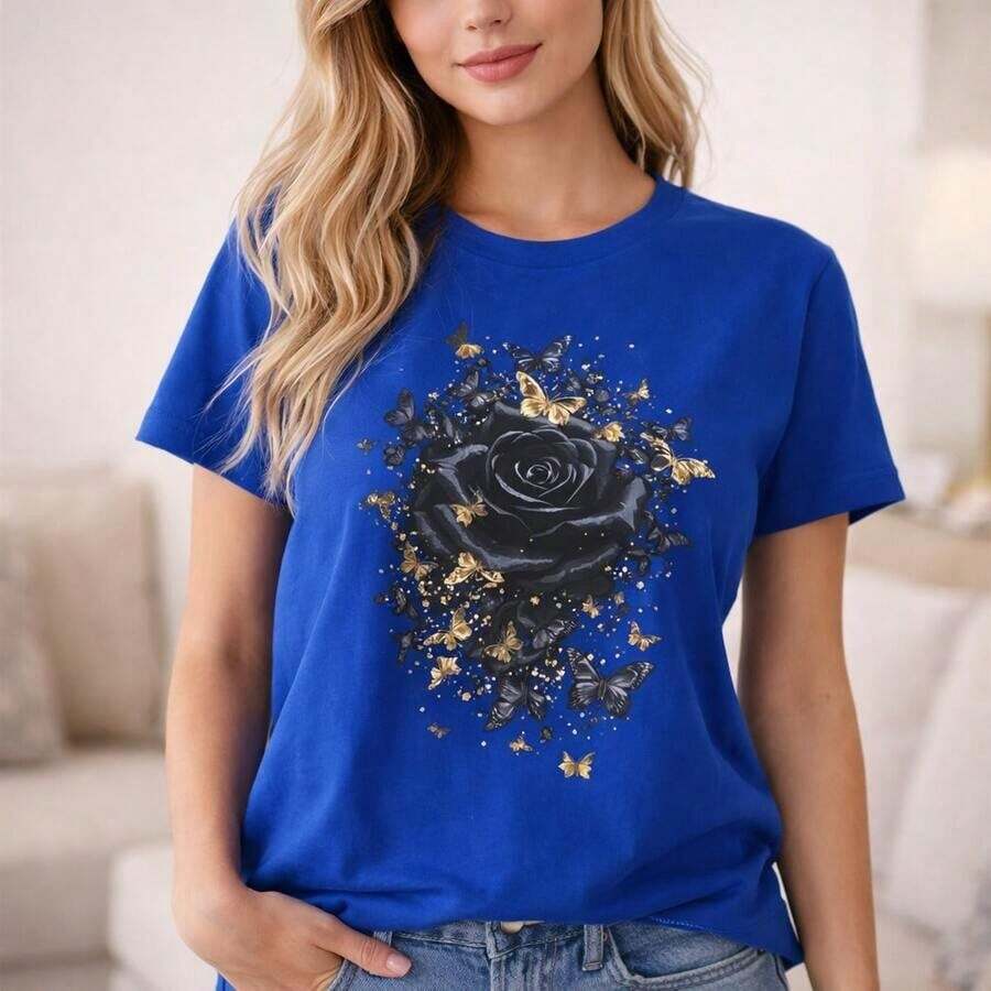 Casual Women's Cotton T-Shirt, , Rose & Gold Butterfly Print, Casual Short Sleeve Round Neck Top, Loose Fit, Soft Breathable Tee, Daily Wear, Fashionable Graphic Design, Comfortable ClothingFashion - 藍色 - 查看 1