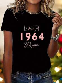 Women's Casual Cotton Crew Neck T-Shirt - 1 Piece Limited Edition 1964 Vintage Casual Sports T-Shirt For Women - High Elastic Geometric Pattern Crew Neck Top, Machine Washable, Comfortable For All Seasons, Gift For Mother's Day And Birthdays, Loose Fit T-Shirt, Sheer Fabric. Simple T-Shirt For Everyday Wear. - 黑色 - 查看 1