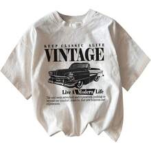 1 Piece RoseSeek Women's Letter Print T-Shirt, Round Neck, Dropped Shoulders, Summer Fashion T-Shirt, Short Sleeve, Vintage Car Print, 180g, 100% Cotton. - 白色 - 查看 6