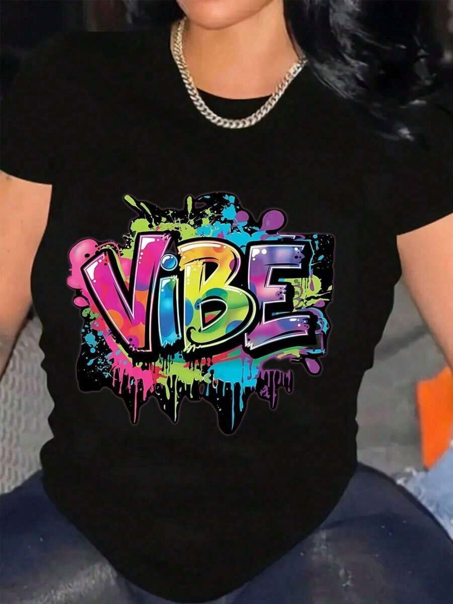Camiseta con Estampado de Graffiti Vibe para Mujer, Estilo Urbano, Prenda Casual de Moda Urbana, 220g, Camiseta Fresca de Verano, Estilo Unisex - Negro - Ver 1