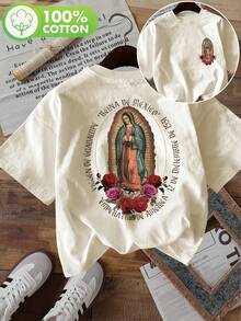 Limited EditionDouble-Sided Print Summer Casual Women's Top, Vintage Style, Our Lady Of Guadalupe Of Roses Print, Round Neck Short-Sleeved-Shirt, 1Lightweight Cotton - 杏色 - 查看 1