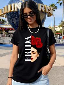 1 Piece Of Short Sleeve T-Shirt With Artistic Letter Print - Elegant And Stylish - For Women, Round Neck, Casual Sporty Style, 180g 100% Cotton. - 黑色 - 查看 1