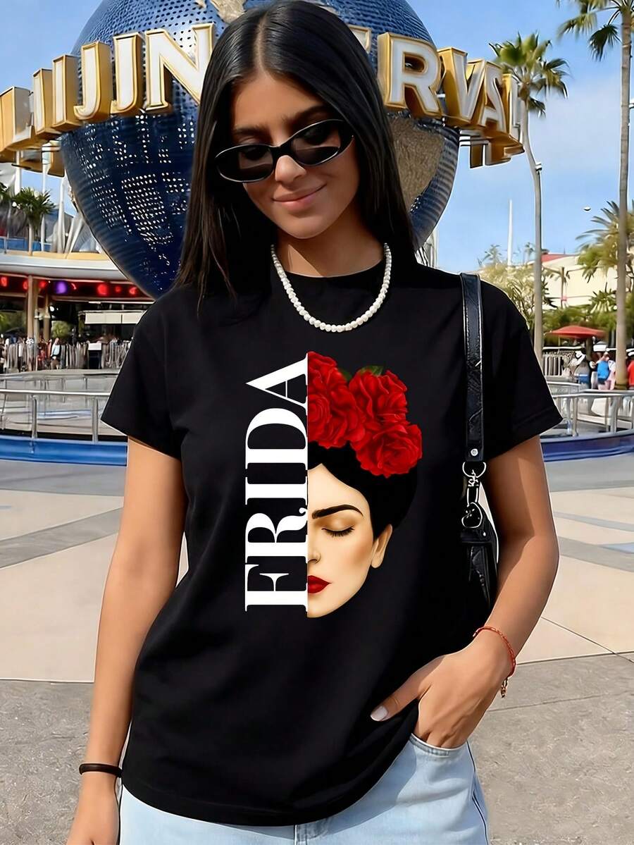1 Piece Of Short Sleeve T-Shirt With Artistic Letter Print - Elegant And Stylish - For Women, Round Neck, Casual Sporty Style, 180g 100% Cotton. - 黑色 - 查看 1