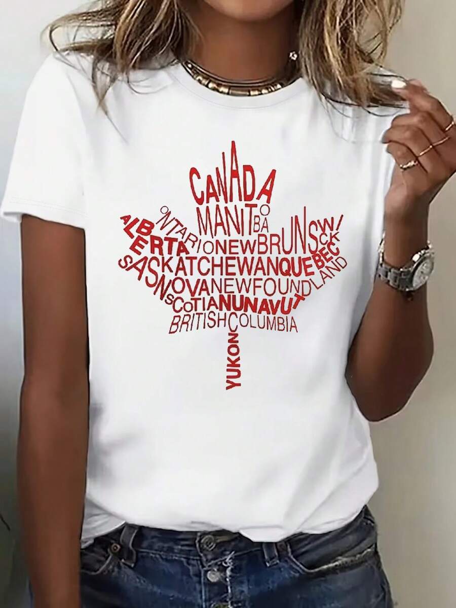 Diseño Sencillo, 1 pieza, Camiseta de Manga Corta con Cuello Redondo, Diseño con Mapa de Canadá y Hoja de Arce, Patrón Impreso en 2D, adecuada para todas las estaciones, Elegante y Práctica, Verano - Blanco - Ver 1
