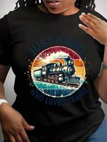 "Only A Girl Who Loves Trains" T-Shirt, Locomotive T-Shirt, Vintage T-Shirt, Perfect Birthday Gift, Women's Casual Short Sleeve Crew Neck T-Shirt, Perfect For Everyday Outdoor Wear - 黑色 - 查看 6