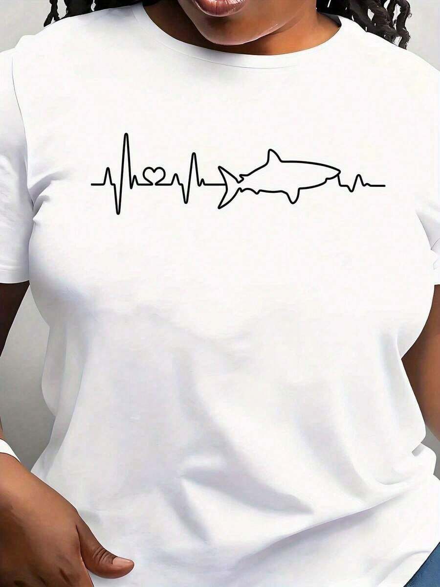 Camiseta Casual para Mujer, Blanca, con Diseño de Tiburón y Latidos del Corazón, Regalo para Amantes de Tiburones, Camiseta 'I Love Sharks' - Blanco - Ver 1
