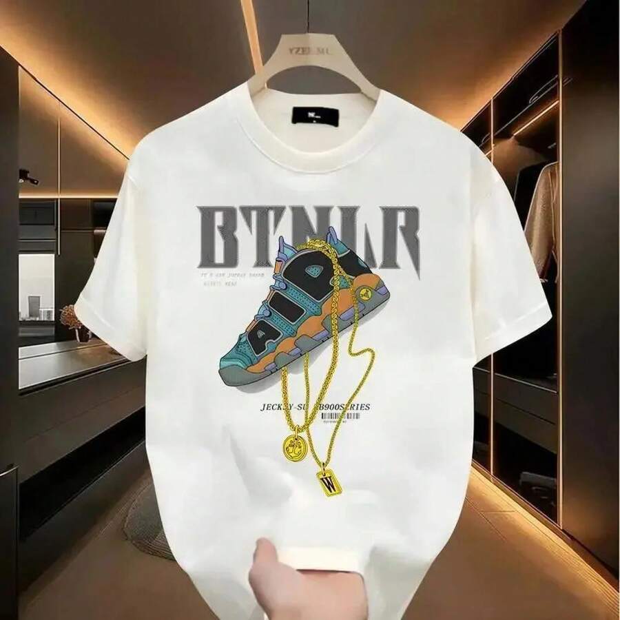 Camiseta gráfica de moda con estampado de cadena dorada grande, unisex, de manga corta y cuello redondo para hombre, estilo urbano, para verano y primavera, informal, ropa, vitalidad juvenil, camisetas gráficas de calidad, transpirable, clásica. - Blanco - Ver 1
