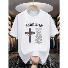 Camiseta Gráfica FEEGO para Hombre con Diseño de Cruz de Jesús, Transpirable, Casual de Verano con Diseño de Escritura Inspiradora - Blanco - Ver 4