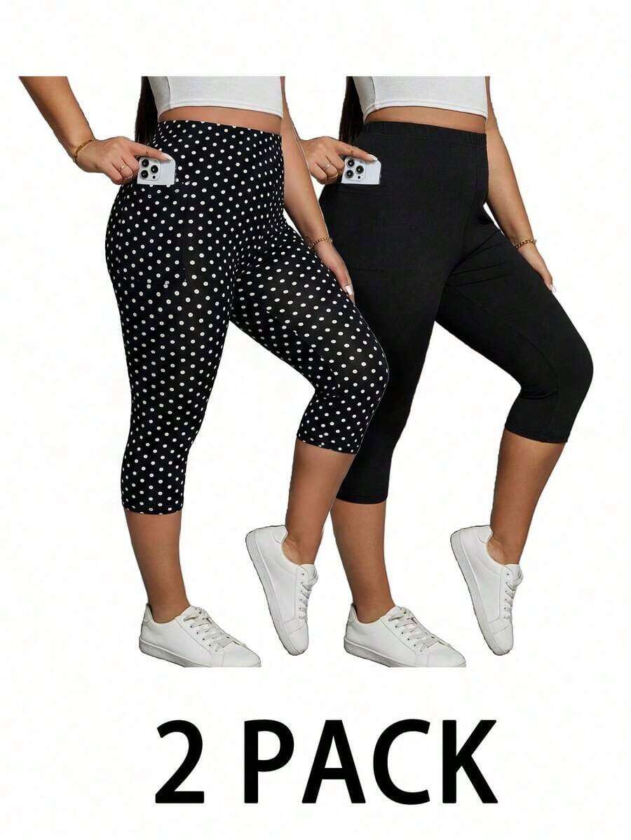 Pantalones capri de verano para mujer de talla grande, 2 piezas de leggings estampados, leggings negros, pantalones capri deportivos para mujer, leggings de mujer, conjunto de 2 piezas de leggings negros, ropa de otoño, atuendos de maestro - Negro - Ver 1