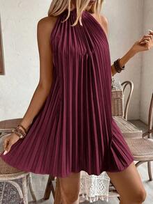 Vestido plisado con hombros abiertos y estampado para vacaciones, conjunto de ropa de playa para vacaciones - Burdeos - Ver 3