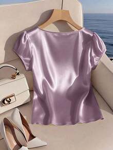 Blusa casual elegante de satén con cuello cuadrado francés, mangas de pétalos y pliegues, adecuada para ir al trabajo, uso diario, reuniones y fiestas, primavera/verano - Morado - Ver 2