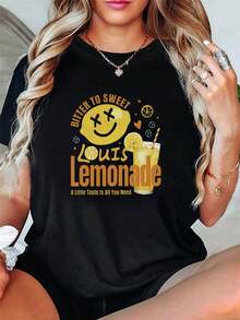 100% algodón. De amargado a dulce. Louis Lemonade. Solo necesitas darle un mordisco. Camiseta de manga corta para mujer, con estampado de texto, cuello redondo, para primavera-verano. Camiseta sencilla de color sólido para mujer, corte holgado y ajustado, estilo casual. - Negro - Ver 8