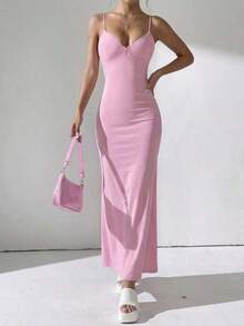 Vestido de encaje ajustado, elegante y romántico para cita nocturna, Día de San Valentín, con tirantes finos y largo, color rosa, para fiesta de verano - Rosa - Ver 2
