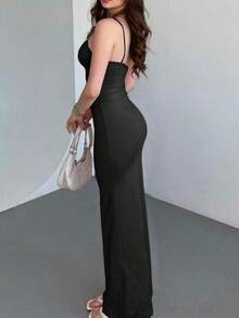 Vestido de encaje ajustado, elegante y romántico para cita nocturna, Día de San Valentín, con tirantes finos y largo, para fiesta de verano - Negro - Ver 5
