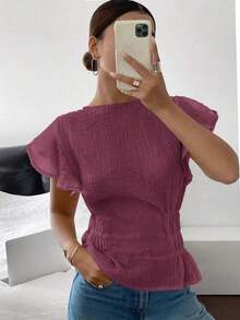 Blusa de mujer de cuello redondo liso, con mangas con volantes y cintura ceñida - Burdeos - Ver 5