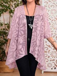 Chaqueta casual de apertura frontal con mangas 3/4 de jacquard para mujer de talla grande, para atuendos de vacaciones de otoño/invierno, atuendos de primavera, ropa de verano, vestidos de primavera, atuendos de primavera, ropa de primavera par - Rosa coral - Ver 1