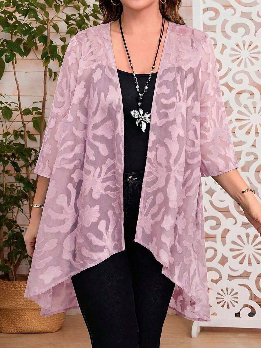 Chaqueta casual de apertura frontal con mangas 3/4 de jacquard para mujer de talla grande, para atuendos de vacaciones de otoño/invierno, atuendos de primavera, ropa de verano, vestidos de primavera, atuendos de primavera, ropa de primavera par - Rosa coral - Ver 1