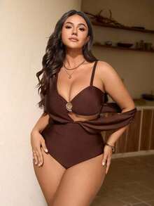 Traje de baño de una pieza elegante de talla grande con 3 piezas, decorado con hebilla de metal marrón, se puede usar por separado con atuendos, adecuado para fiestas y vacaciones - Marrón - Ver 2