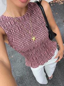 Top sin mangas con escote cuadrado, estampado de cuadros, con volantes en el bajo, para mujer.Top casual de verano con Body fruncido, estilo estético a cuadros, para vacaciones y salidas - Rosa - Ver 7
