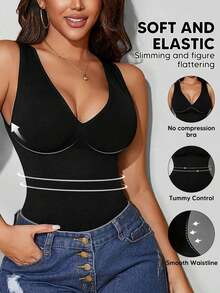Camiseta sin costuras con cuello en V de unicolor y elegante para mujer, casual en color negro - Negro - Ver 2