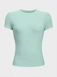 Camiseta casual de manga corta y cuello redondo ajustada para mujer, color café - verde menta - Ver 3