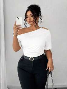 Blusa de talla grande para mujer elegante, personalizada, de moda, versátil, con un solo hombro, adecuada para uso diario - Blanco - Ver 4