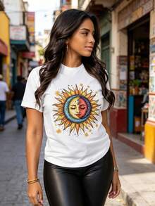 ¡Oferta por tiempo limitado, unidades limitadas,  relámpago! Camisas casuales para mujer, camisetas de poliéster para mujer, camisas elegantes. ,Camiseta de mujer con estampado de mandala y luna, cuello redondo, estilo bohemio y ligero, ideal para fiestas o regalos, lavable a máquina y perfecta para cualquier época del año. - Blanco - Ver 2