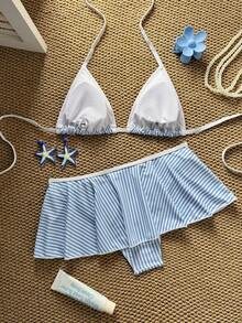 Bộ bikini hai mảnh dành cho nữ, màu xanh sọc dễ thương, kiểu cổ yếm và có bèo nhún. - Nhiều màu - Xem 2