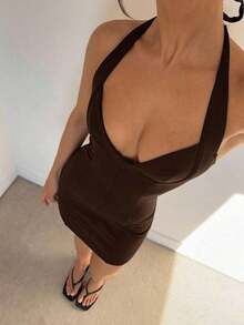 2026 Women's Minimalist Solid Color Sweetheart Neck Bodycon Mini Dress, Summer Summer Dresses For Women Party Chic Black Sexy - Café - Ver 12