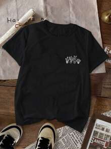 Camiseta de manga corta con estampado de cactus para uso diario y estilo casual ropa de mujer - Negro - Ver 6