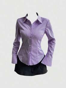 Camisa de manga larga casual a rayas que ciñe la cintura, apta para primavera/verano/otoño, tops de manga larga - Morado - Ver 1