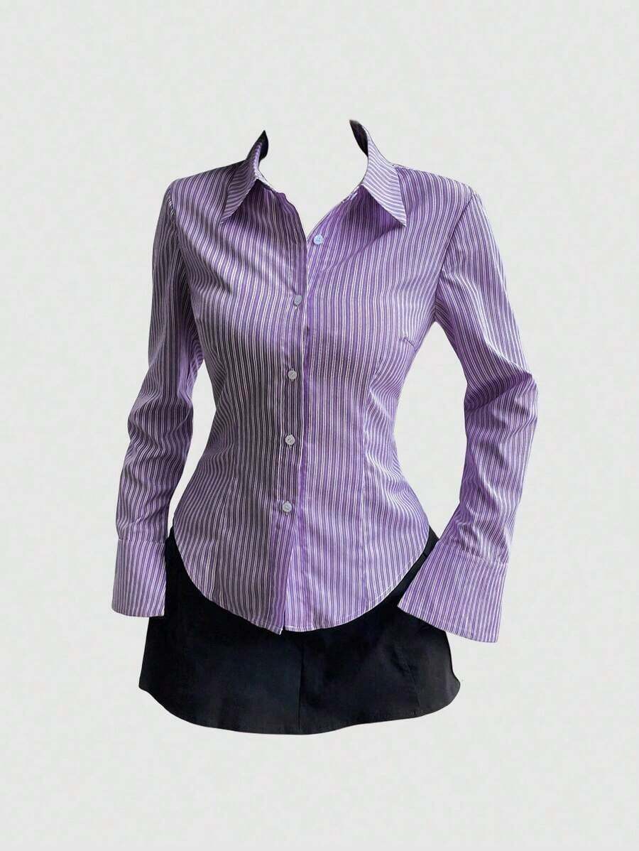 Camisa de manga larga casual a rayas que ciñe la cintura, apta para primavera/verano/otoño, tops de manga larga - Morado - Ver 1