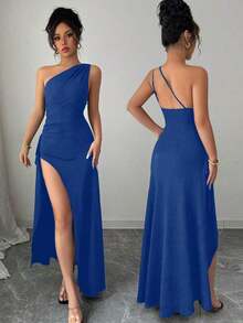 Nuevo vestido negro asimétrico sexy con hombro plisado, recorte hueco y abertura alta, adecuado para vacaciones, citas y fiestas en verano - azul real - Ver 1