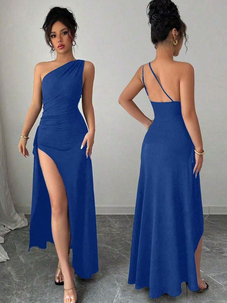 Nuevo vestido negro asimétrico sexy con hombro plisado, recorte hueco y abertura alta, adecuado para vacaciones, citas y fiestas en verano - azul real - Ver 1