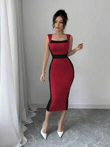 Petite Vestido ajustado de tubo elegante de contraste de color para el trayecto al trabajo de las mujeres - Rojo - Ver 6