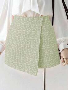 Falda pantalón elegante de unicolor con textura jacquard, para el Día de San Valentín - verde menta - Ver 3