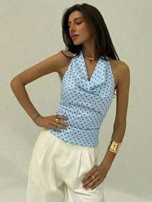 Blusa de mujer con escote profundo drapeado, sin espalda y con lazo trasero, de estilo elegante y sexy - Celeste - Ver 6