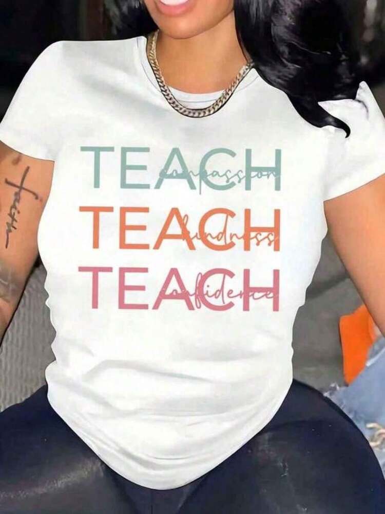 Women's Casual T-Shirts,Women's Round Neck T-Shirt With Teach Compassion Kindness Confidence Print Graphic Tee For Casual Wear And Teaching,Women's T-Shirt, Y2K Style, Summer Fashion Tees, Streetwear Casual Sets And Tops - trắng - Xem 6