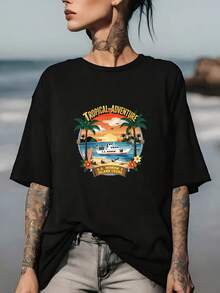 Camiseta Tropical Adventure 180G - Perfecta para vacaciones en familia, festivales de verano y actividades de team building corporativas. |   Ideas de regalos interesantes |   Palmeras vibrantes y diseño de puesta de sol |   Camiseta de verano cómoda y elegante - Negro - Ver 8