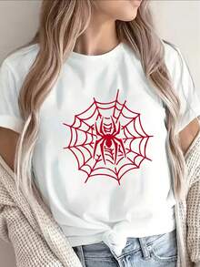 Camiseta negra ligera y resistente con un patrón de telaraña roja, perfecta para descansar en casa o salir, una opción ideal para las celebraciones de Halloween y el estilo diario. - Blanco - Ver 6