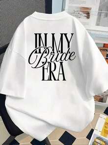 Camiseta de manga corta con estampado 'Wedding Era, Bride's Time', cuello redondo, estilo casual para primavera y verano, ropa de mujer 100% algodón. - Blanco - Ver 3