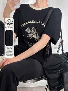 Y2K Style, Fashionable Style, 2026 Newest, Cute Style, Casual Style. Short-Sleeved T-Shirt With Floral Print "SPARKS OF LIGHT 2003 IN THE SUNLIGHT", Leisure Time, Graphic T-Shirts 180g (S-XXXL) - 黑色 - 查看 9