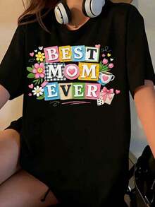 "World's Best Mom" T-Shirt With Colorful Block Design, Flowers And Hearts, Mother's Day Gift, Casual Wear For Women [Suitable For Leisure And Sports Occasions] - 黑色 - 查看 1