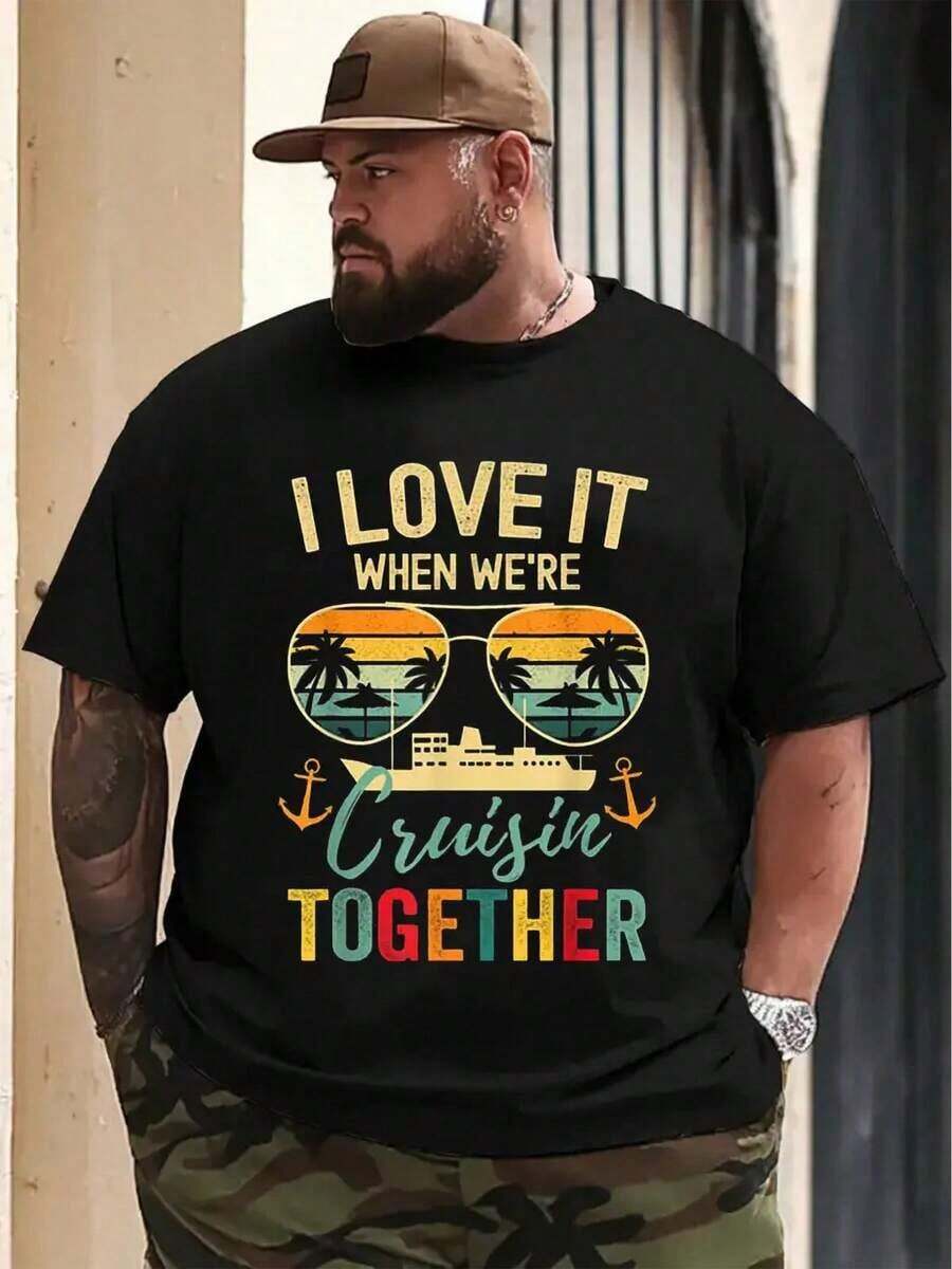 Conjunto Casual Navideño para Hombre, Camisetas Gráficas de Tallas Grandes, Cuello Redondo, Manga Corta con Eslógan 'Cruise Together', Diseño Gráfico, Verano - Negro - Ver 1