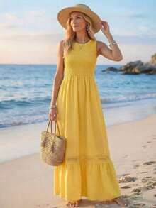 Vestido largo de encaje y parches casual para mujer, vestido de verano largo para mujer, ropa de verano, vestido de playa, atuendos de playa para mujer, vestidos casuales para mujer, vestidos casuales, vestidos largos casuales, atuendos de vacacio - Amarillo - Ver 6