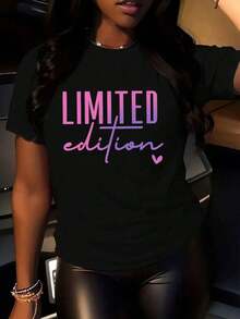 Women's Plus Size Limited Edition T-Shirt With Pink And Purple Gradient Letter Print - Soft And Stretchy Cotton Fabric, Round Neck, Short Sleeve, Casual Style, Suitable For Everyday Wear And Special Occasions. - 黑色 - 查看 6