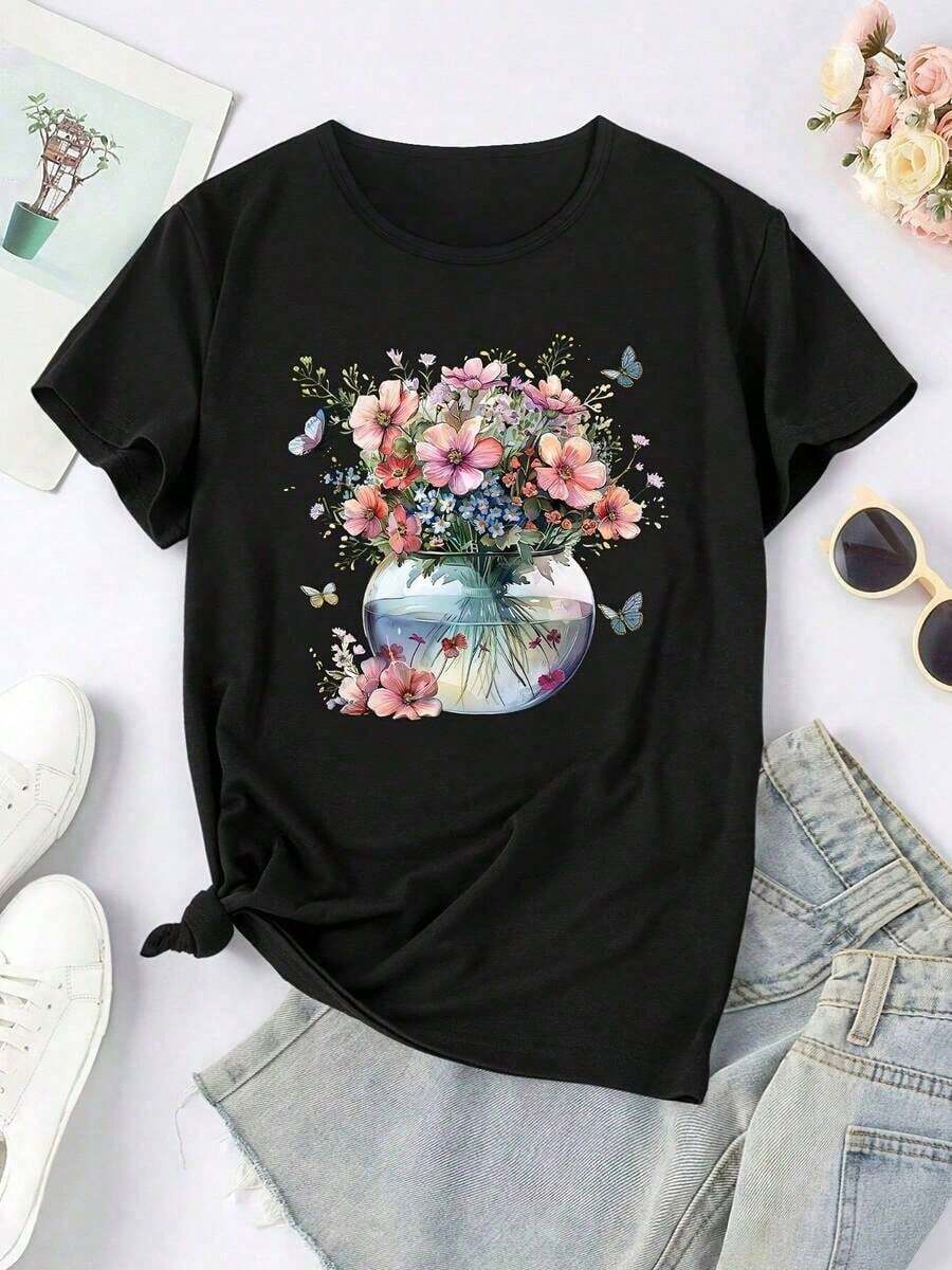Women's 100% Cotton T-Shirt With Mexican Flag, 180g, One-Piece Printed T-Shirt For Women - Casual Short-Sleeved Round Neck Top For Spring-Summer, Stretchy Fabric, Machine Washable, New Short-Sleeved T-Shirt. - 粉色 - 查看 1