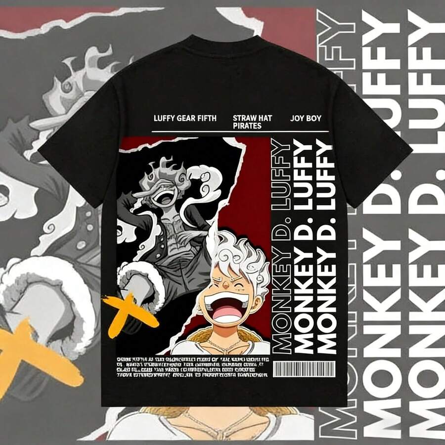Summer 2026 L1uffy One Piece Fifth Grade Sun God Nikka T1rend Theme T-Shirt, 100% Cotton, Loose Fit, For Men And Women. Unisex 220g Thick Cotton T-Shirt, Soft And Breathable With Excellent Elasticity, Skin-Friendly And Comfortable For All-Day Wear. Classic And Casual Design, Easy To Match, Ideal For Everyday Outings, Streetwear, Sports, Dates, And Casual Get-Togethers Year-Round. - 黑色 - 查看 1